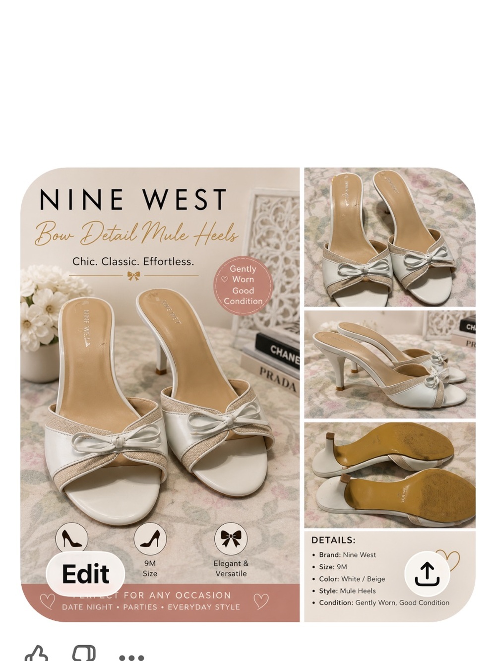 Nine West White and Beige Bow Slide Mules